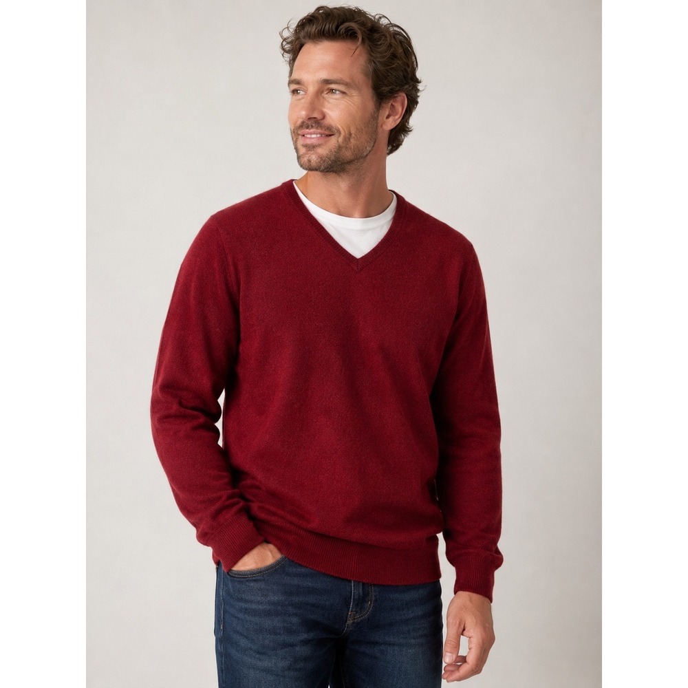 Impermeable Platinum Men's L Merino Wool Cashmere V-Neck Sweater Burgundy